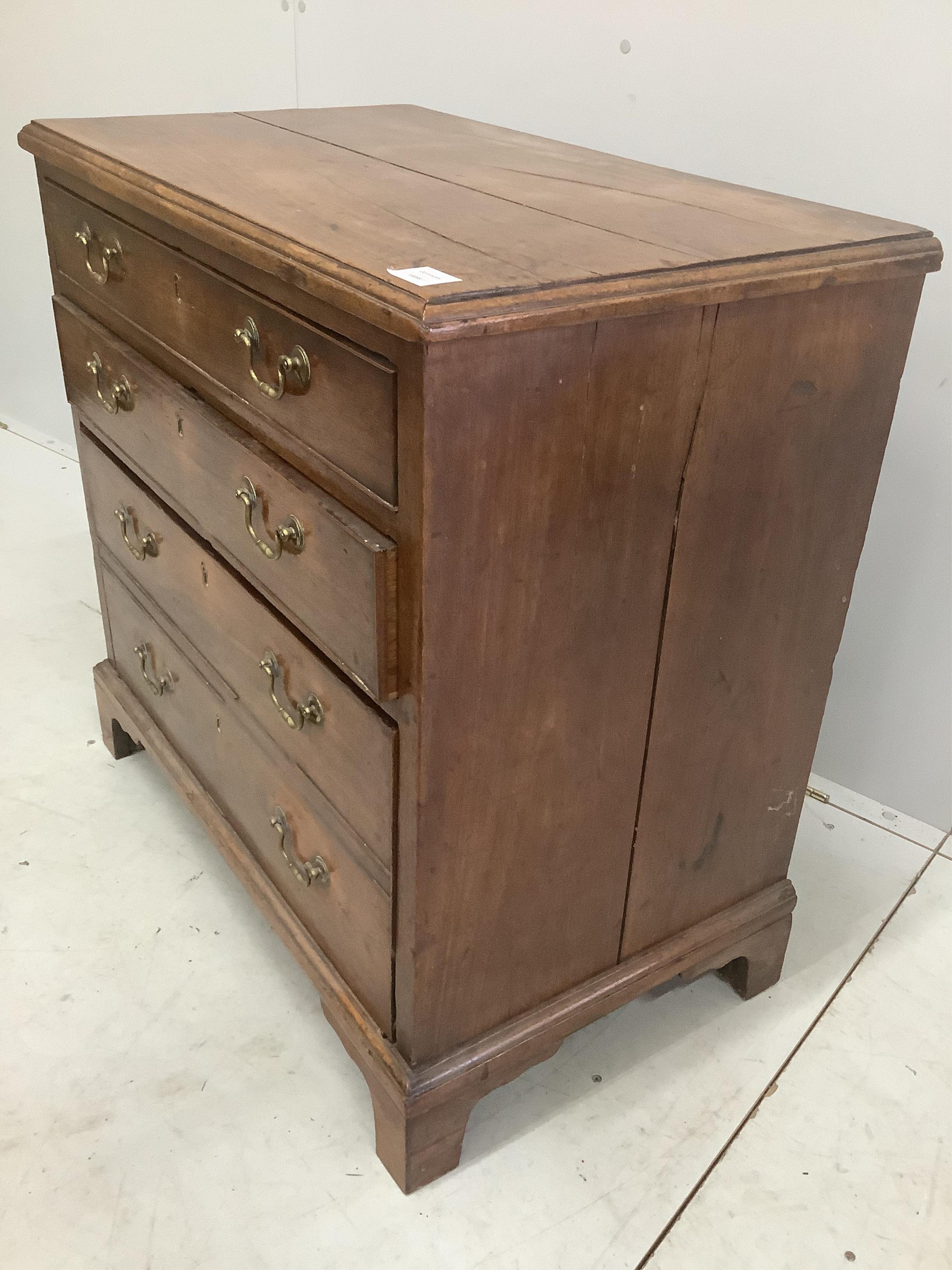 A George III mahogany four drawer chest, width 82cm, depth 48cm, height 82cm. Condition - poor to fair